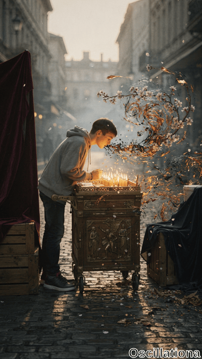 Young man in gray hoodie, jeans, sneakers kneels tending lit yellow candles on ornate golden cart carved with cherubs; pink petals, gold sparks, embers, black tendrils swirl magically. Velvet-draped crates flank