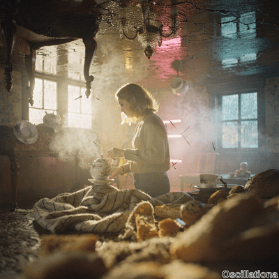 Surreal dreamlike photo of young woman with wavy blonde hair pouring steaming tea from floral porcelain teapot into cup on low table in ornate vintage kitchen. Amid golden pastries on blanket, steam glows in sunlight from rainy arched windows