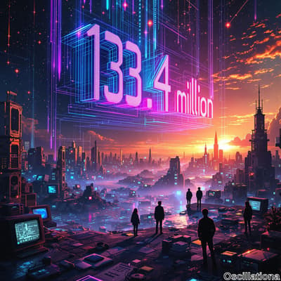 A futuristic cityscape at sunset with towering skyscrapers and a hazy urban environment.