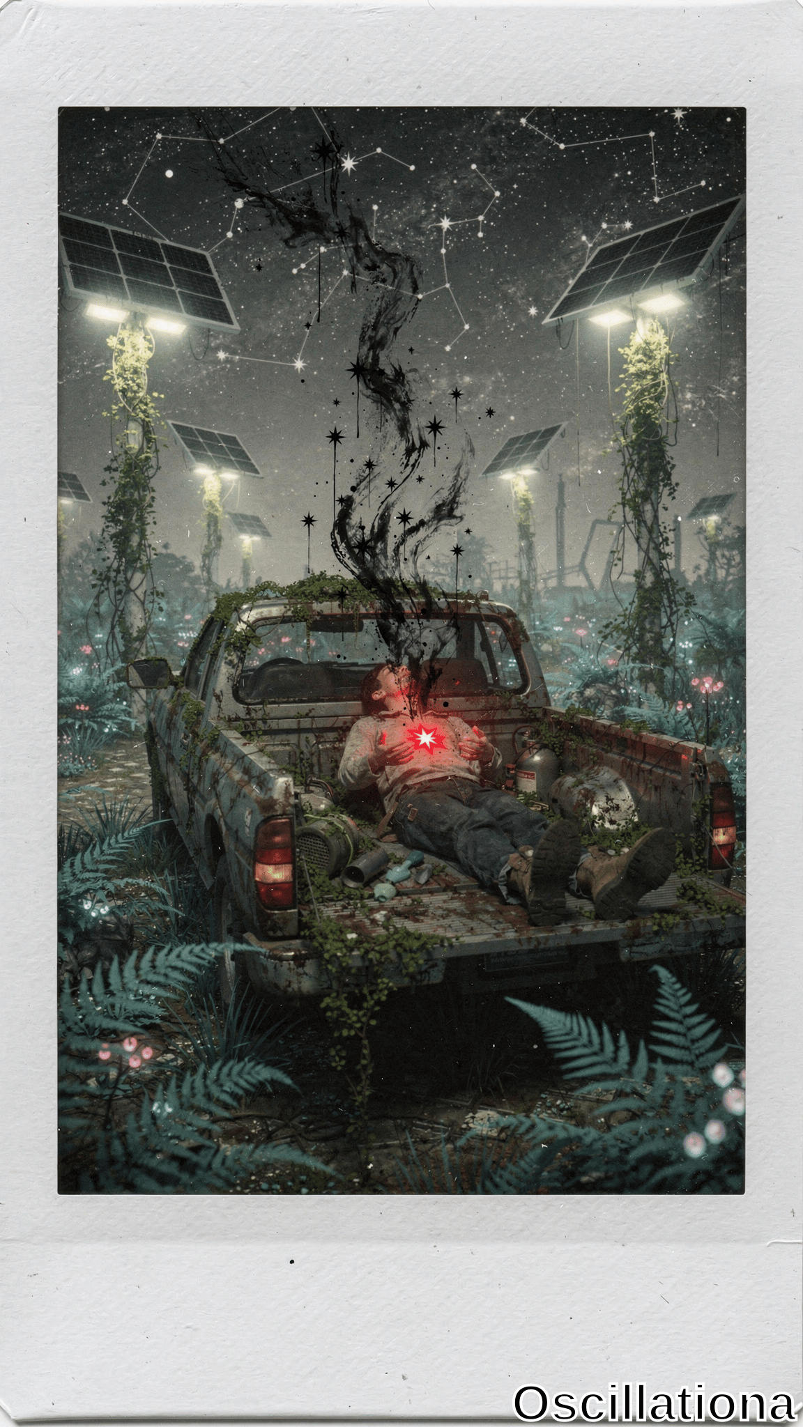 Eerie post-apocalyptic night landscape in worn Polaroid style: cyberpunk ruins overgrown with teal moss, cyan fog, glowing vines on lit solar panels. Distressed man in rusty 1980s truck clutches pulsing red heart