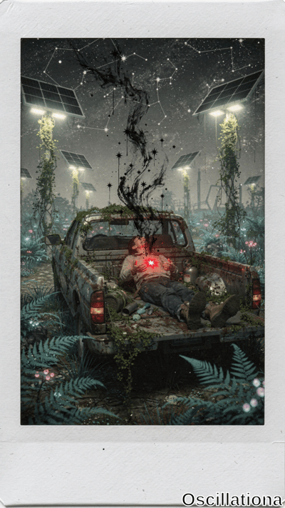 Eerie post-apocalyptic night landscape in worn Polaroid style: cyberpunk ruins overgrown with teal moss, cyan fog, glowing vines on lit solar panels. Distressed man in rusty 1980s truck clutches pulsing red heart