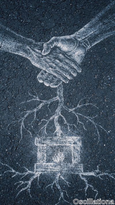 Vivid white chalk street art on dark asphalt: two realistic hands clasped in firm handshake atop a thick trunk sprouting tangled roots that form a gabled house with glowing hearth, symbolizing partnership's stable foundation.