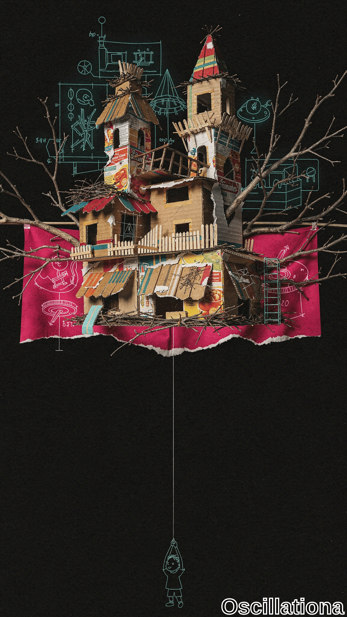 Surreal dimly lit artwork depicts a ramshackle cardboard castle suspended mid-air on a thin white string against black backdrop, with beige walls patched in colorful snack packaging, thatched roofs, striped awnings, twisting branches,
