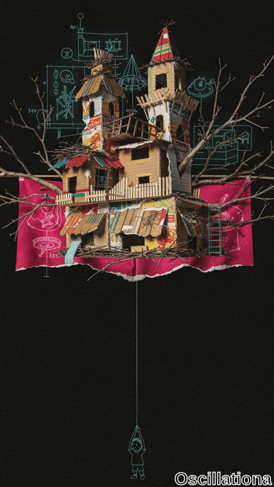 Surreal dimly lit artwork depicts a ramshackle cardboard castle suspended mid-air on a thin white string against black backdrop, with beige walls patched in colorful snack packaging, thatched roofs, striped awnings, twisting branches,
