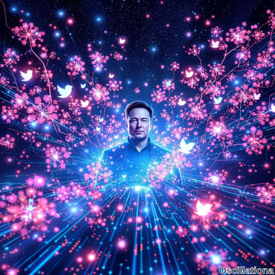 A figure in a dark shirt stands confidently against a cosmic backdrop of deep blues and purples, surrounded by swirling digital elements.
