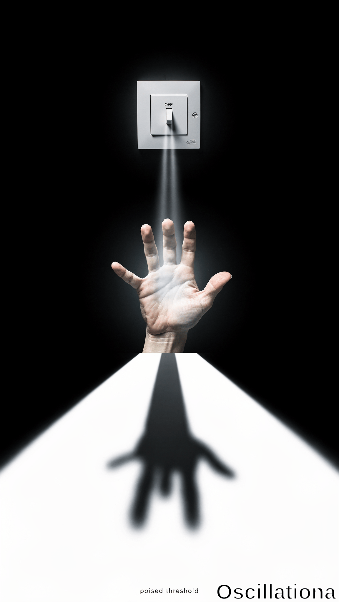 A surreal scene with a dark background features a white light switch labeled "OFF" at the top
