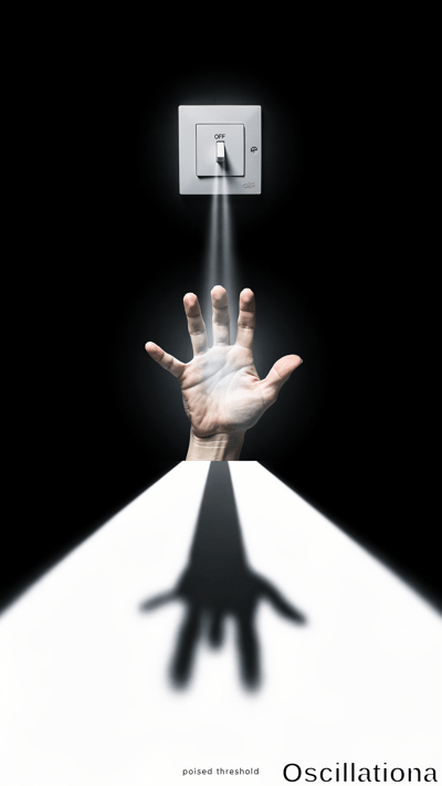 A surreal scene with a dark background features a white light switch labeled "OFF" at the top
