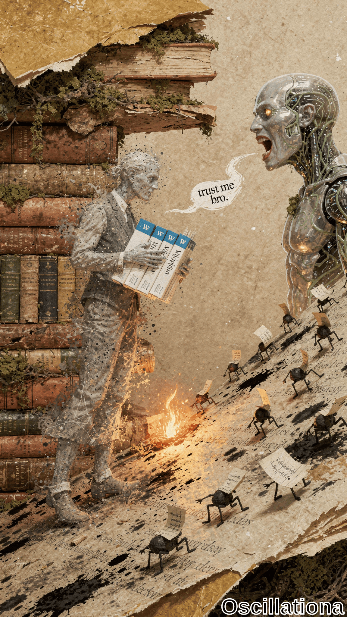 A shouting robotic figure says 'trust me bro' to a humanoid made of newspapers, surrounded by tiny mechanical insects on a decaying book landscape with fire and aged paper textures in sepia tones.