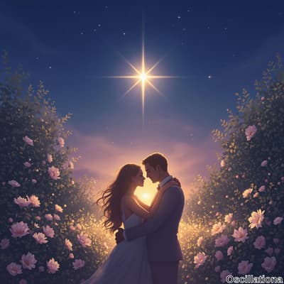 A couple embraces intimately in a lush garden, their foreheads touching and eyes closed, surrounded by blooming pink and green flowers.