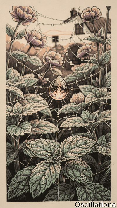 An intricate spiderweb strung with glistening dew drops centers on a large teardrop enclosing a flickering flame, surrounded by lush foliage and pale blooms in a garden with a distant house. Vintage botanical illustration in muted greens, lavenders, and warm sepia tones.