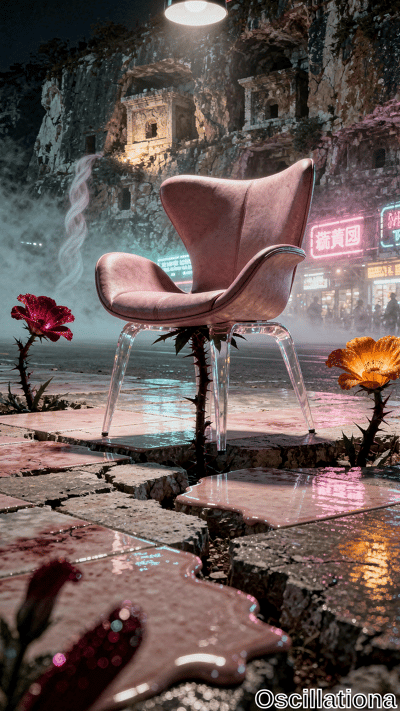 Surreal cyberpunk night: pink egg chair sprouting thorny red camellia and orange flowers on wet cracked pink-red pavement with neon blood puddles.