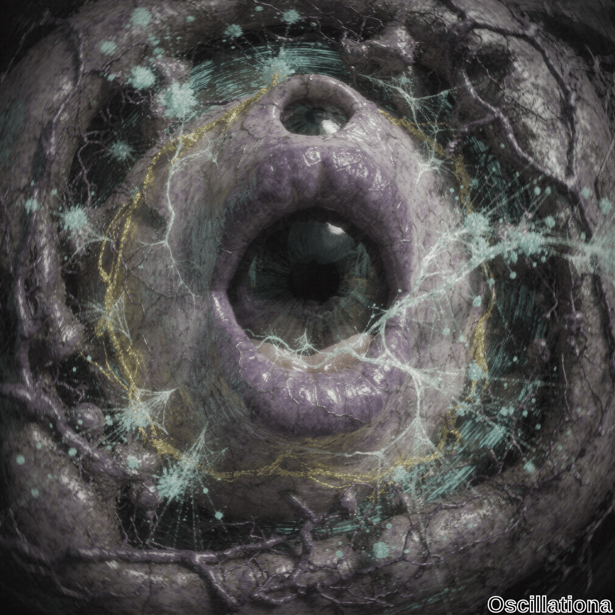 A surreal scene with a large, fleshy, purple eye-like structure at the center, featuring a glossy, moist appearance with a black void and a smaller circular opening above it