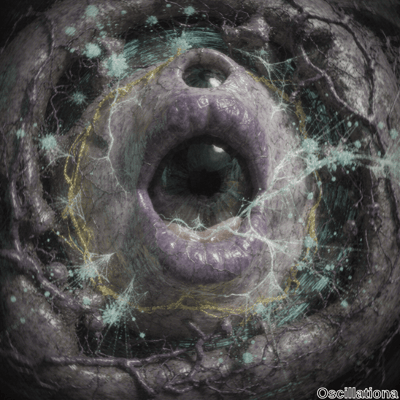 A surreal scene with a large, fleshy, purple eye-like structure at the center, featuring a glossy, moist appearance with a black void and a smaller circular opening above it