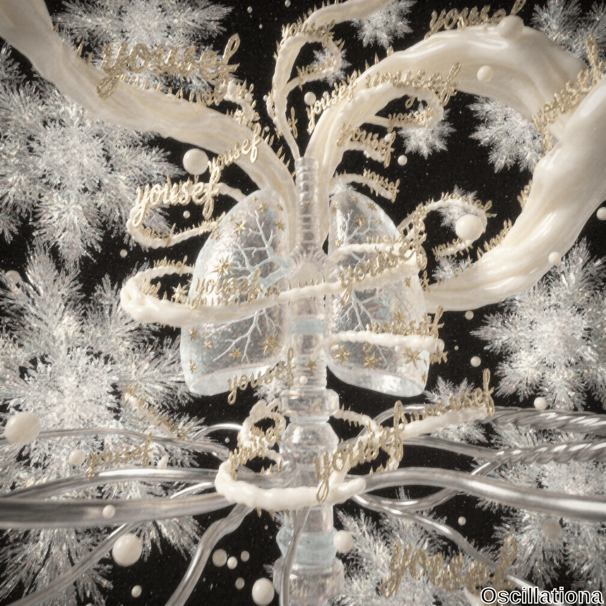 An abstract, surreal image featuring a transparent, crystalline structure resembling human lungs with intricate branching patterns