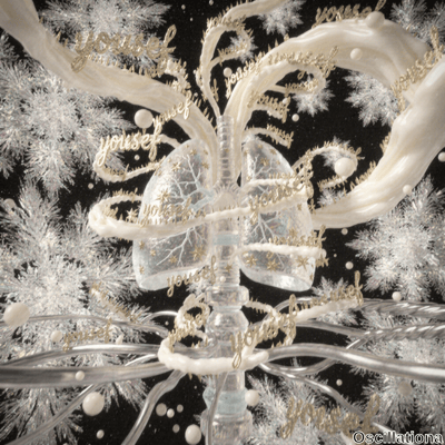 An abstract, surreal image featuring a transparent, crystalline structure resembling human lungs with intricate branching patterns