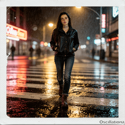 Young woman with dark hair, freckles and black wave tattoo walks in rain on city crosswalk at night toward viewer in black jacket with neon reflections on wet pavement in moody cinematic style. 
The image has a cinematic, moody