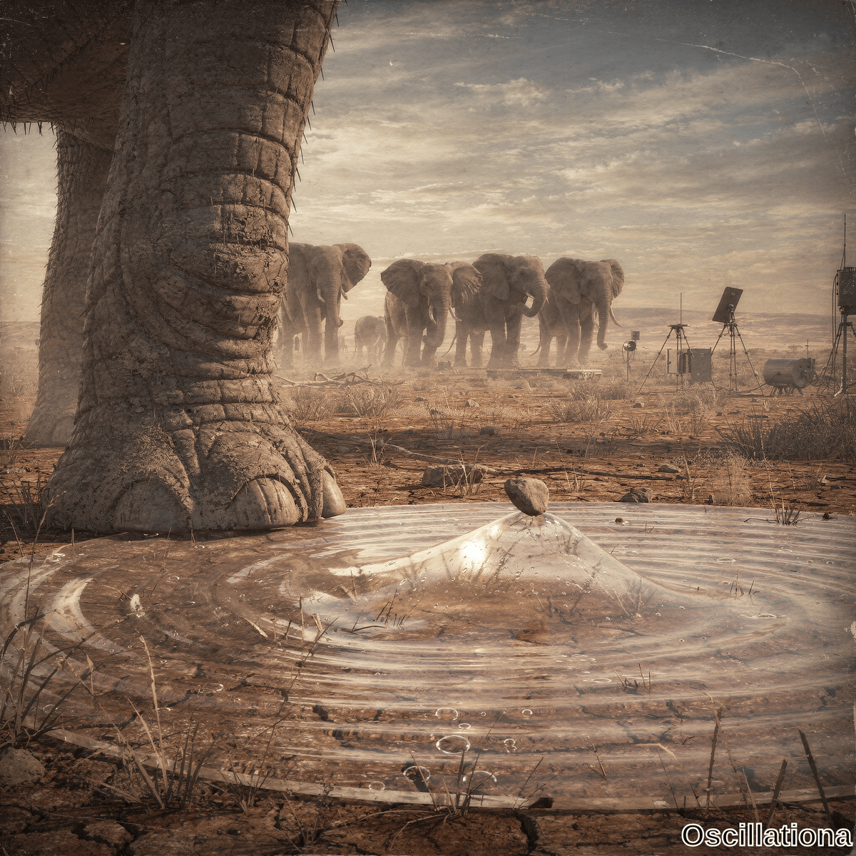 Surreal scene in arid savanna with huge elephant leg in foreground, herd of elephants, equipment and pool with rock balancing on rippling water.
.
