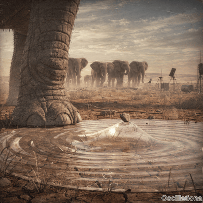 Surreal scene in arid savanna with huge elephant leg in foreground, herd of elephants, equipment and pool with rock balancing on rippling water.
.