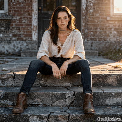 A young woman with freckles, long dark hair, neutral expression and neck tattoo sits on stone steps before brick building in golden sunlight. 
The image shows her centered with wave tattoo, stained blouse, jeans and boots against old