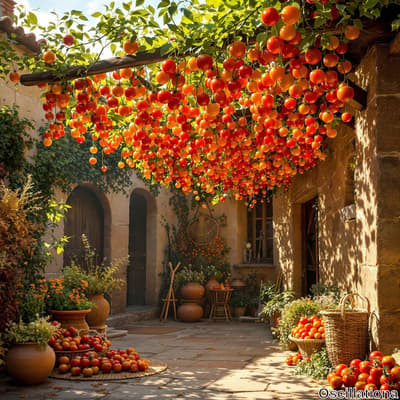 A courtyard bathed in warm sunlight, showcasing hundreds of ripe, orange tomatoes hanging from a vine canopy, with additional tomatoes in baskets, pots, and scattered on the ground.