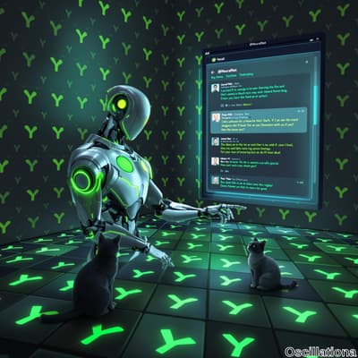 A humanoid robot with sleek metallic design and green glowing accents interacts with a large floating digital screen displaying a chat interface.