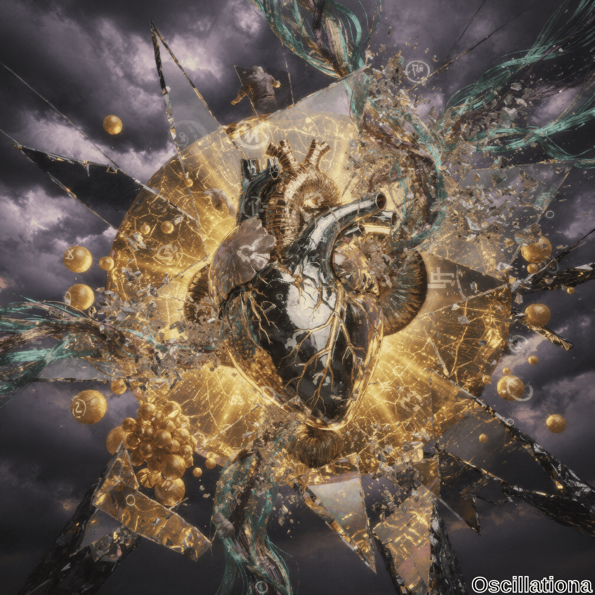 A surreal digital artwork depicting a central mechanical heart with intricate, golden, cracked details, blending organic and mechanical elements