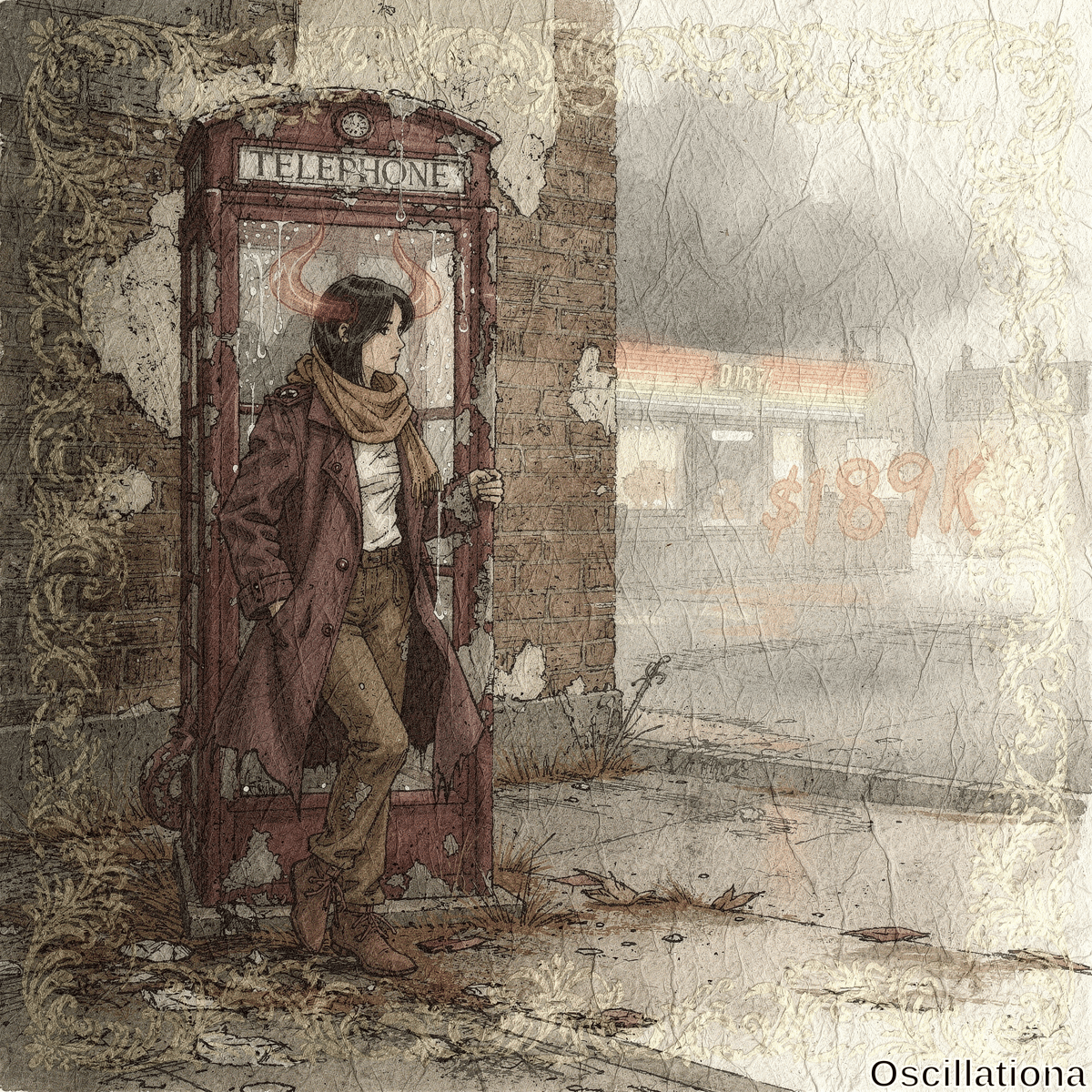 Weathered rusty red British phone booth open on rainy urban street, faded "TELEPHONE" sign dripping. Profile of young woman emerging: short black hair, glowing red demonic horns dripping, maroon trench coat, white shirt, kh