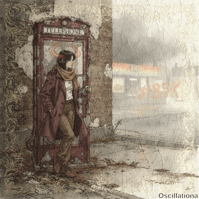 Weathered rusty red British phone booth open on rainy urban street, faded "TELEPHONE" sign dripping. Profile of young woman emerging: short black hair, glowing red demonic horns dripping, maroon trench coat, white shirt, kh