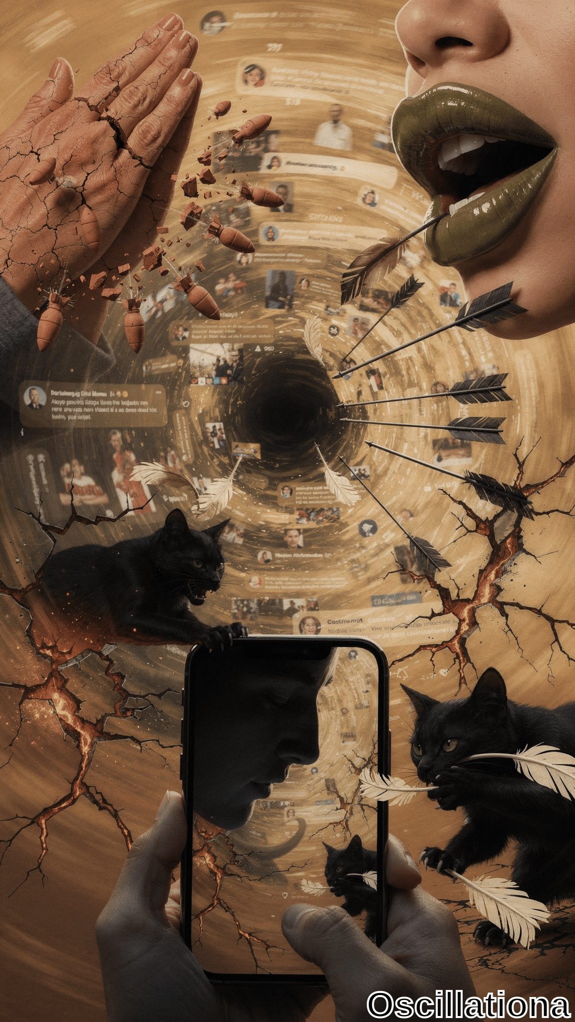 Surreal sepia-orange digital collage: central black vortex swirls social media icons, feathers, and family photos; cracked terracotta praying hands explode into chat bubbles; woman's green-lipsticked mouth spews feathered arrows