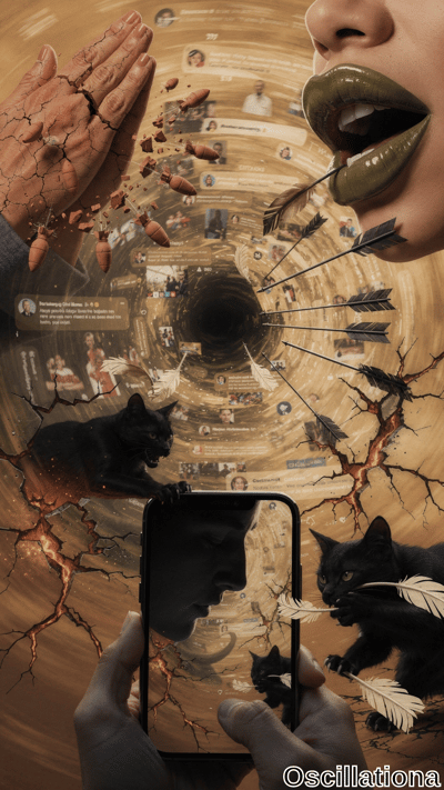 Surreal sepia-orange digital collage: central black vortex swirls social media icons, feathers, and family photos; cracked terracotta praying hands explode into chat bubbles; woman's green-lipsticked mouth spews feathered arrows