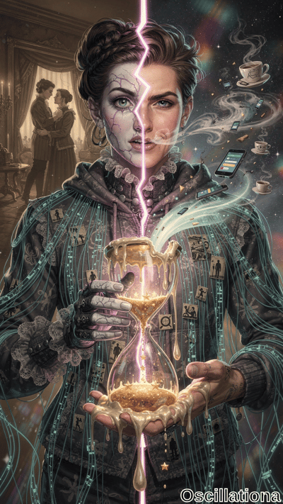 A woman with lightning piercing her holds a glowing hourglass leaking golden sand, surrounded by floating teacups and digital icons against a cosmic starry backdrop with a vintage interior scene.