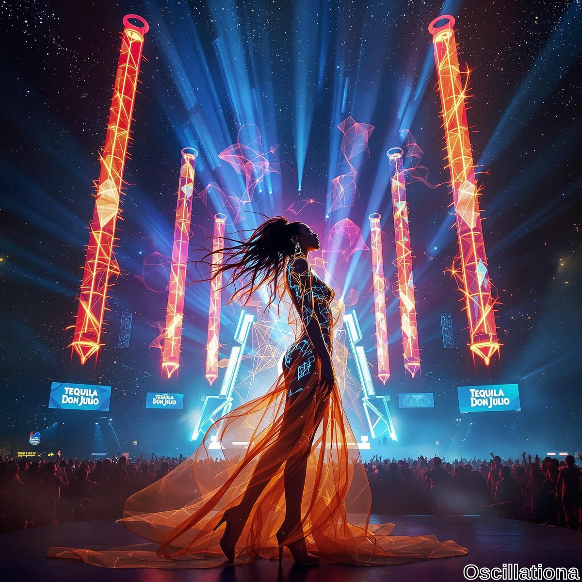 A woman in an ethereal orange gown stands silhouetted against vibrant stage lights at a concert, her flowing dress accentuating her form and movement.