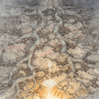 Abstract watercolor ink art of branching dark lines forming root neural network on gray with teal pink golden flows and white droplet radiant splash. 
The artwork shows organic streams in cool teal blue green upper areas transitioning to warm golden orange at base