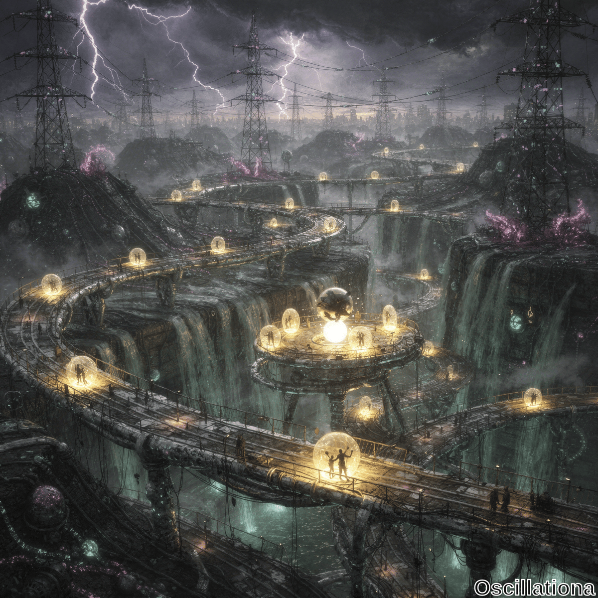 A dystopian landscape under a stormy sky with frequent lightning, featuring rugged mountains, deep valleys, and cascading waterfalls