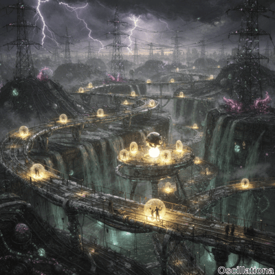 A dystopian landscape under a stormy sky with frequent lightning, featuring rugged mountains, deep valleys, and cascading waterfalls