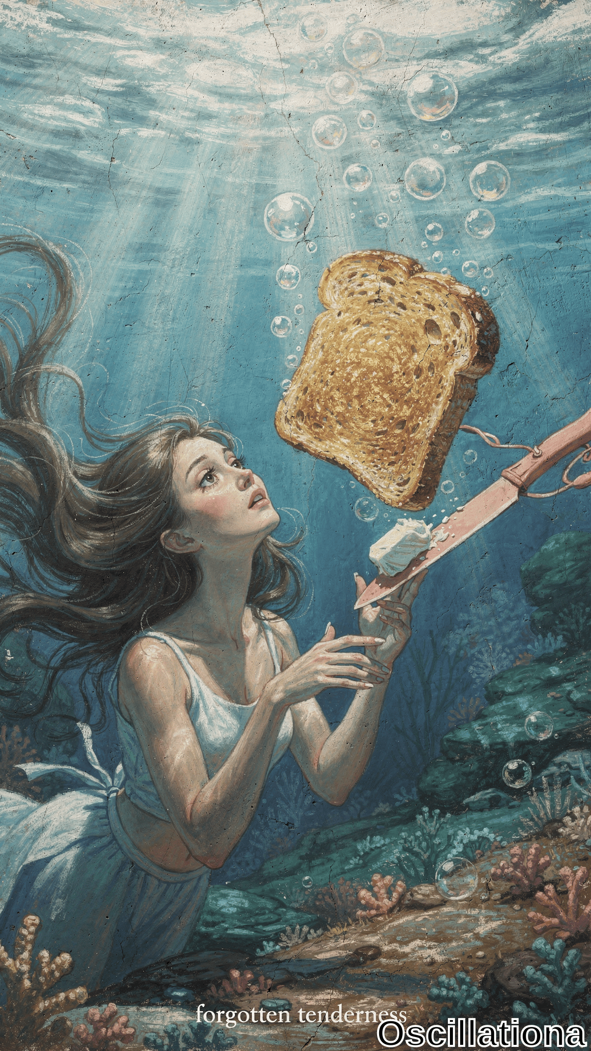 Surreal watercolor underwater portrait in cool blue-green tones with golden light rays and rising bubbles: young woman with long flowing brown hair, large expressive eyes, floating in white strapless dress, reaching for pink scissors slicing buttered toast
