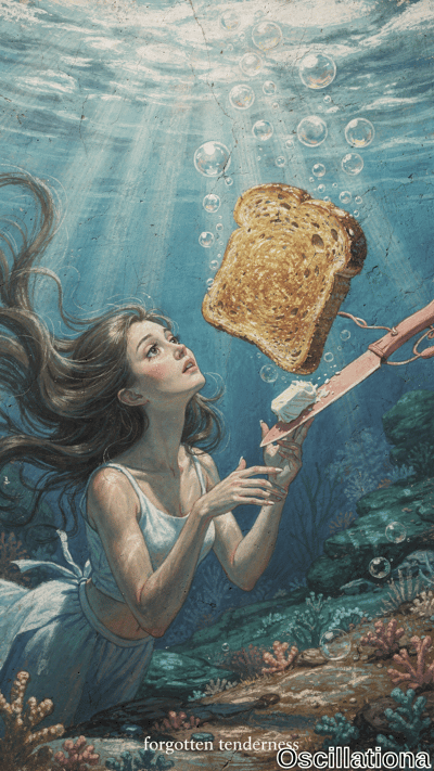 Surreal watercolor underwater portrait in cool blue-green tones with golden light rays and rising bubbles: young woman with long flowing brown hair, large expressive eyes, floating in white strapless dress, reaching for pink scissors slicing buttered toast