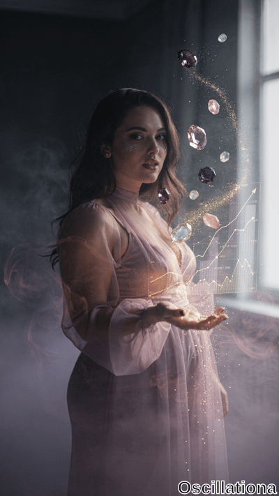 A serene woman in a sheer pink gown extends her hand amid swirling mist, summoning a glowing arc of faceted crystals linked by golden lines in a dim, atmospheric room.