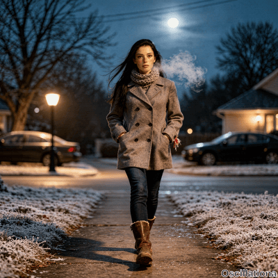 Cinematic winter night in snowy suburb under full moon: freckled young woman with long dark wavy hair walks confidently toward viewer on frosty sidewalk, exhaling cigarette smoke. Gray wool coat, cream scarf, blue jeans, brown