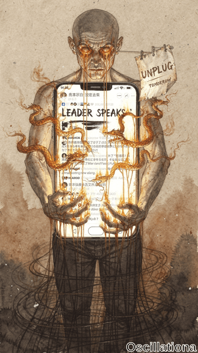 Surreal watercolor portrait of gaunt Asian man with glowing red eyes crying fiery tears, holding smartphone with orange drips from 'LEADER SPEAKS' feed, fiery dragons coiling torso, 'UNPLUG TOMORROW