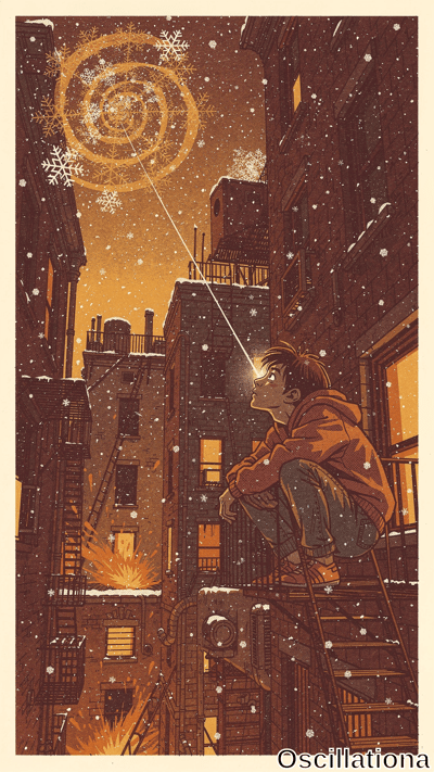 Surreal winter night in narrow snowy alley of tall brownstones in burnt orange, brown, gold tones. Awed boy in oversized orange jacket on rusted fire escape beams golden light from eye to massive spiral galaxy above; heavy