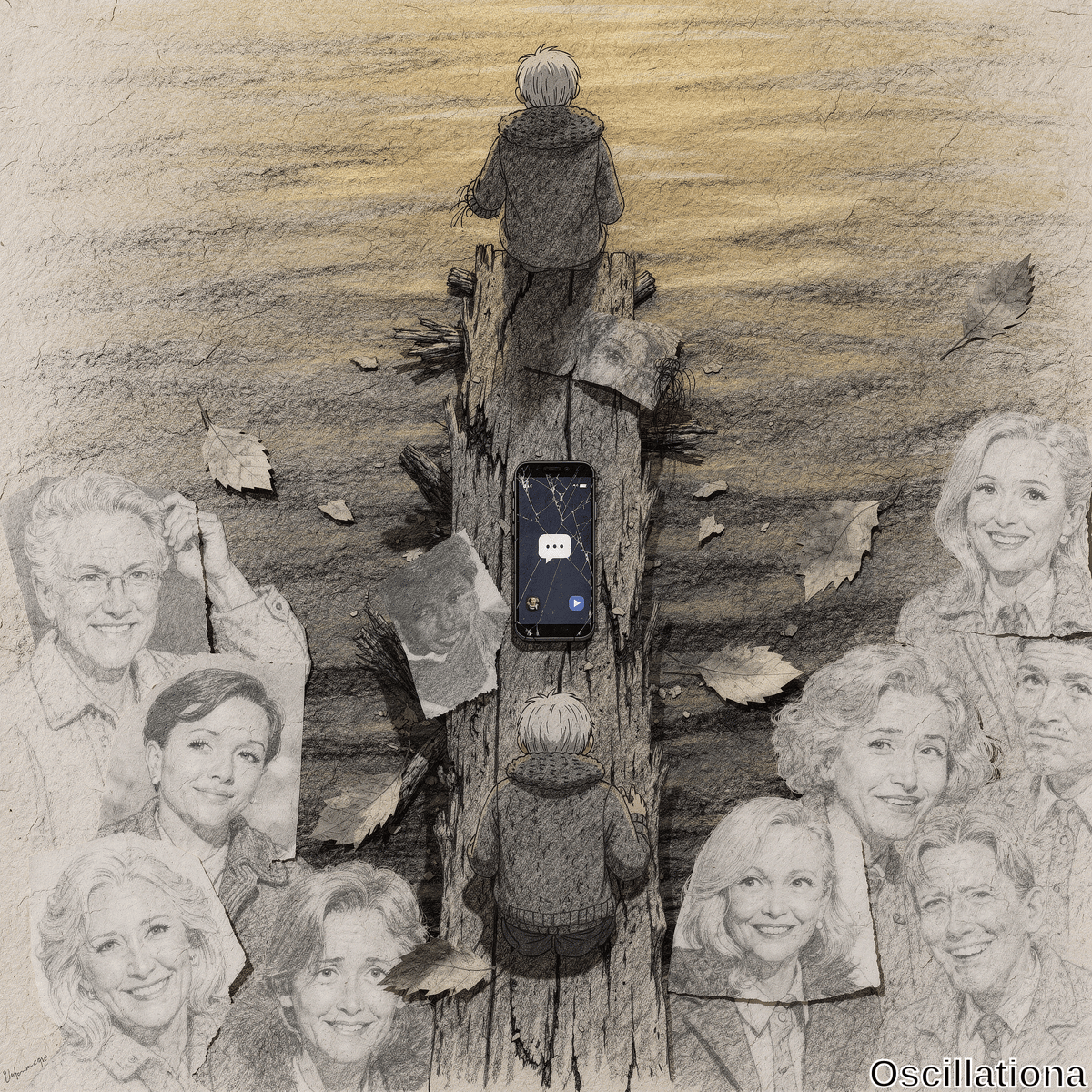 Sepia-toned graphite sketch of blond boy in gray hoodie on splintered pier over calm lake at sunset, facing horizon. Cracked iPhone shows blue speech bubble with play button; surrounded by torn portraits of Hillary Clintons