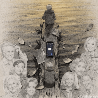 Sepia-toned graphite sketch of blond boy in gray hoodie on splintered pier over calm lake at sunset, facing horizon. Cracked iPhone shows blue speech bubble with play button; surrounded by torn portraits of Hillary Clintons
