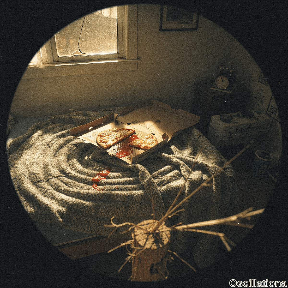 Fisheye-lens view of dimly lit, cluttered bedroom in warm golden sunlight through cracked white window and tattered beige curtain. Floor mattress with swirling gray blanket bears open pizza box of two cheesy slices, sauce stains;