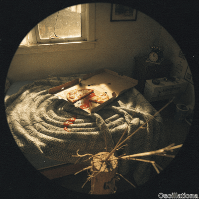 Fisheye-lens view of dimly lit, cluttered bedroom in warm golden sunlight through cracked white window and tattered beige curtain. Floor mattress with swirling gray blanket bears open pizza box of two cheesy slices, sauce stains;