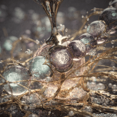 "Abstract art with translucent, iridescent orbs in shades of purple, blue, and green, connected by delicate, golden, vine-like structures