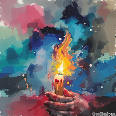 A vibrant abstract painting with hands holding a lit candle at the bottom center, the flame in bright orange and yellow, wax dripping