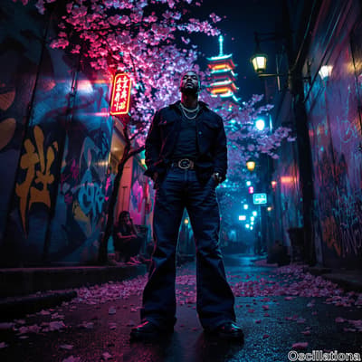 A man in a black denim jacket and wide-leg jeans stands confidently in an urban alleyway at night, accessorized with silver chains and a bold belt buckle.