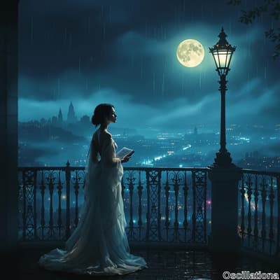 A woman in a flowing white gown stands on a balcony at night, gazing at a cityscape.