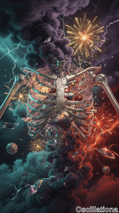 A surreal artwork with a large, metallic skeletal ribcage at the center, displaying intricate cracks